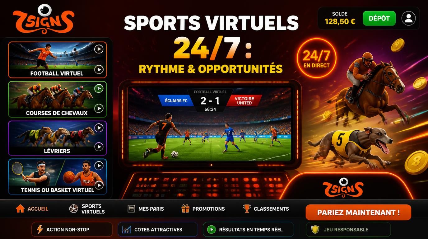 Interface affichant des compétitions virtuelles variées comme football, courses de chevaux et lévriers