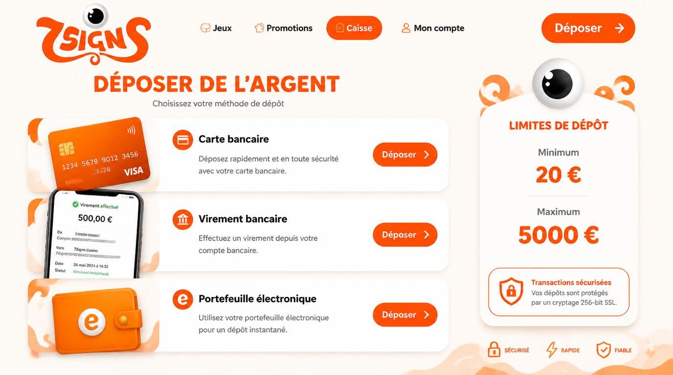 Limites de dépôt montrées avec carte bancaire, virement et e-wallet