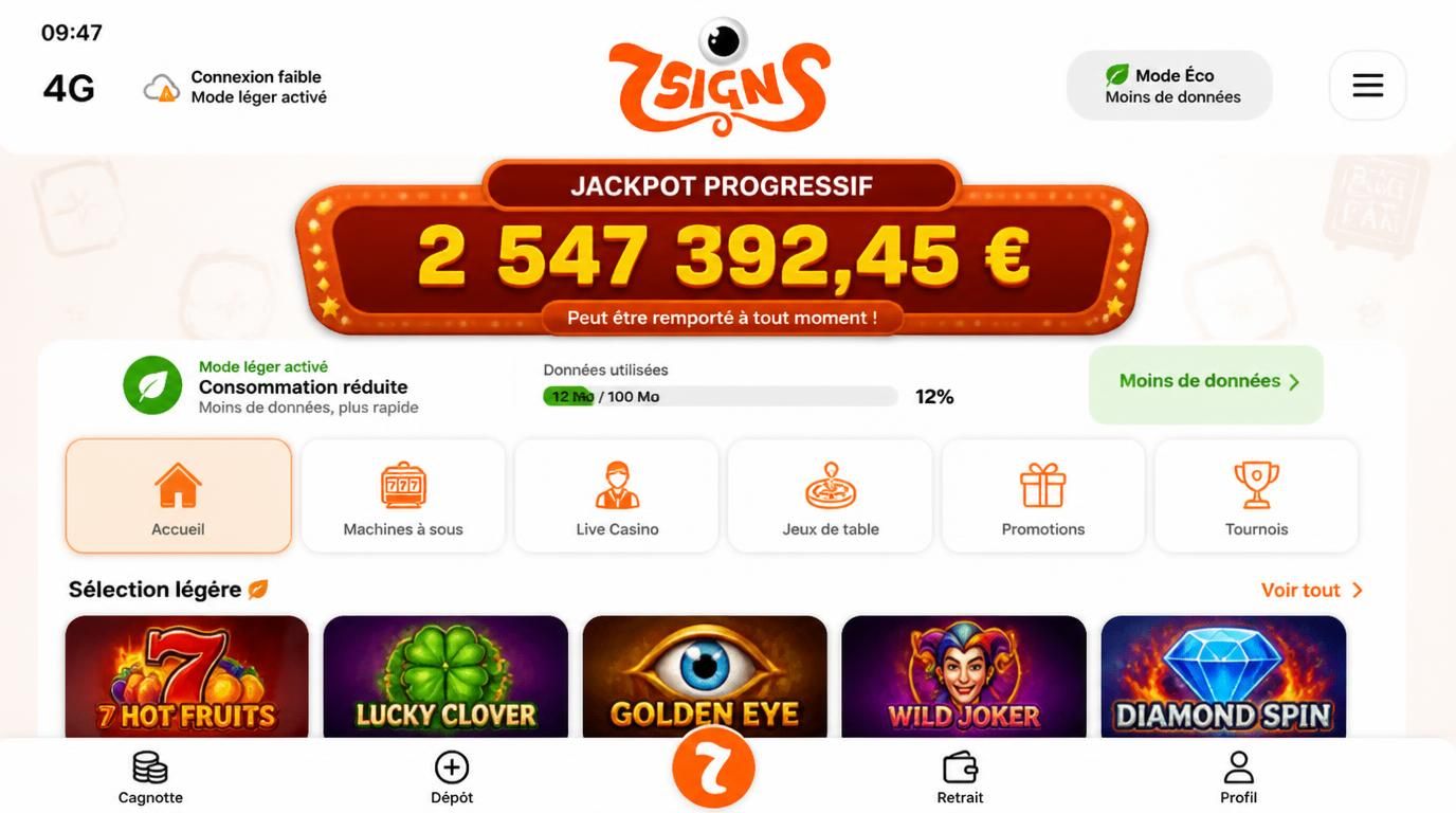 Interface d’appli en mode économie de données avec jackpot visible