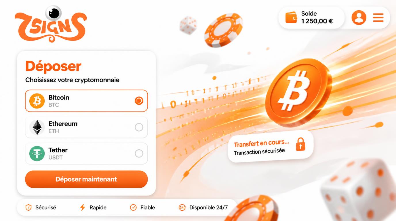 Interface dépôt en crypto avec Bitcoin, Ethereum, USDT