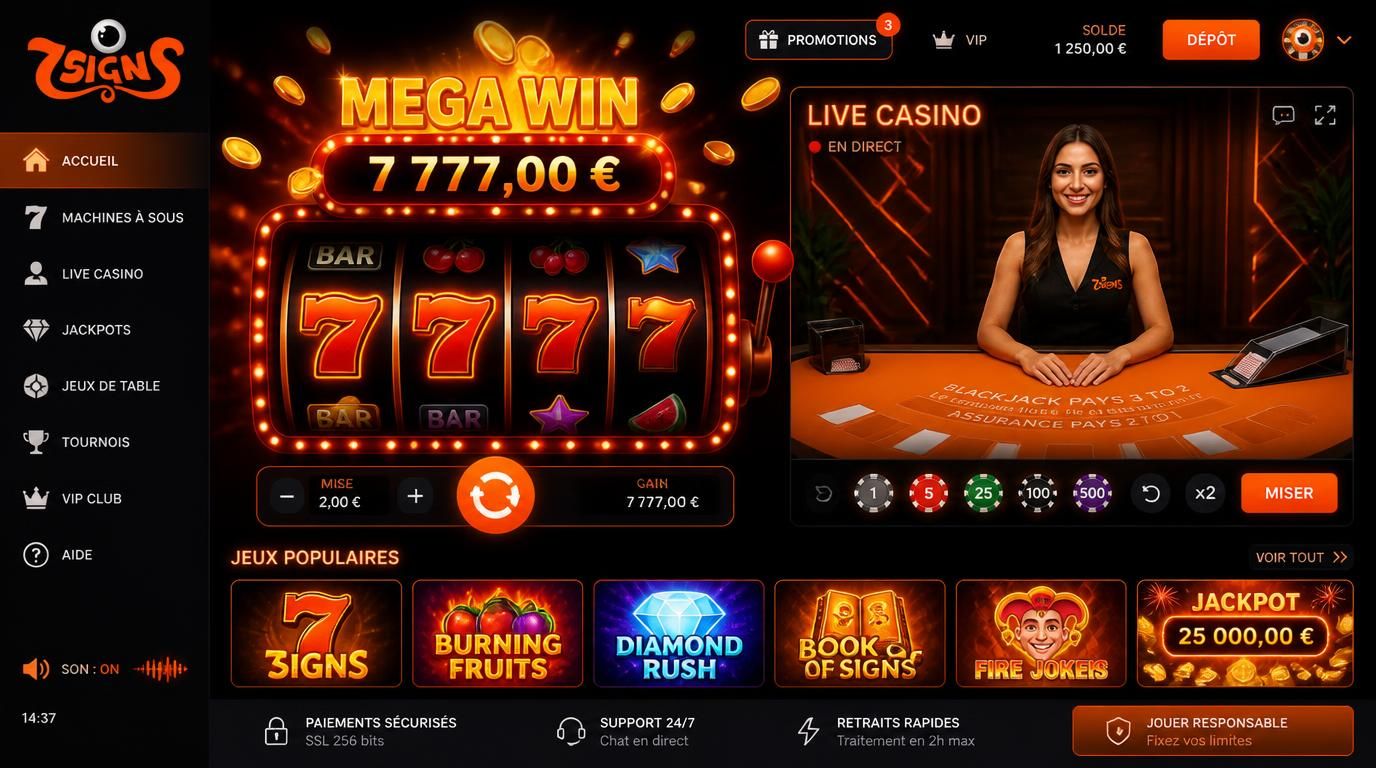 Visuel immersif montrant slot HD et live casino 